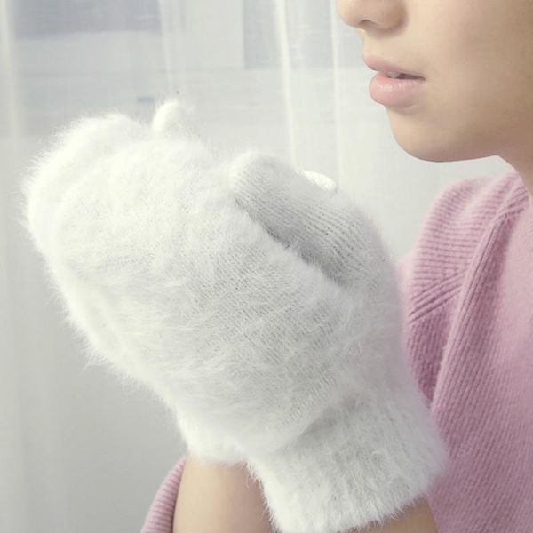 

five fingers gloves women winter thick knitted cashmere double layer plush wool knit warm mittens female cute full girls, Blue;gray