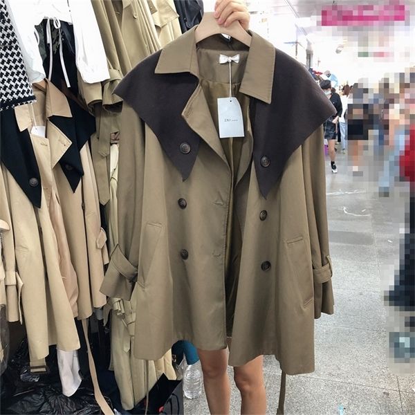 

superaen 2020 spring and autumn new loose tooling windbreaker with knitted shawl lace-up waist mid-length trench coat for women 1031, Tan;black