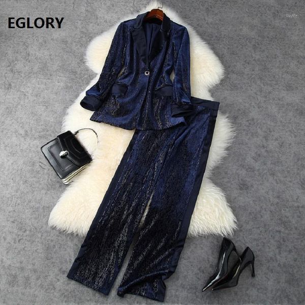 

women's set 2020 autumn winter blazer suit female lurex yarn patchwork single button blazer jacket+wide leg pant set1, White