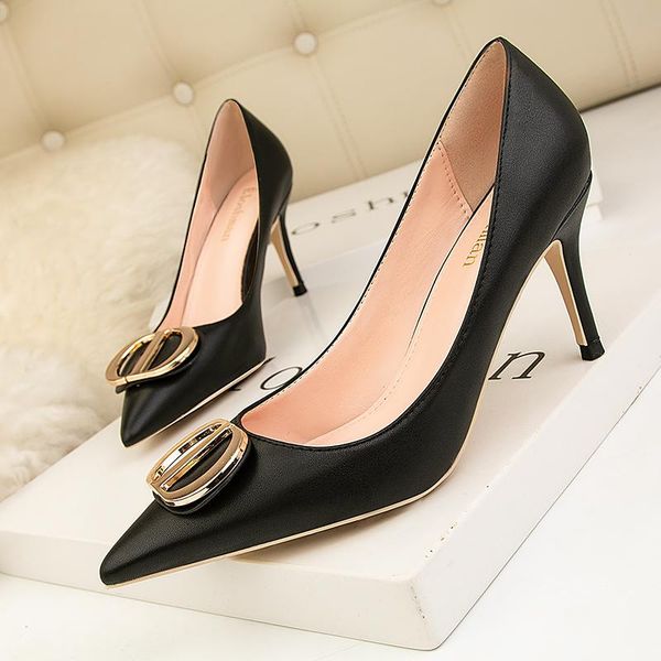 

european and american style fashion occupation women's pumps fine high heel leather shallow mouth pointed back single shoes, Black