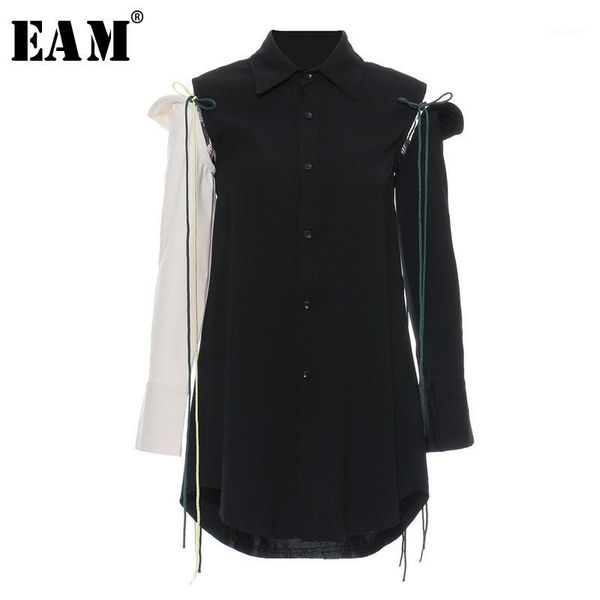 

[eam] women bandage hollow out blouse new lapel long sleeve loose fit spliced spliced shirt fashion spring autumn 2020 jz2491, White
