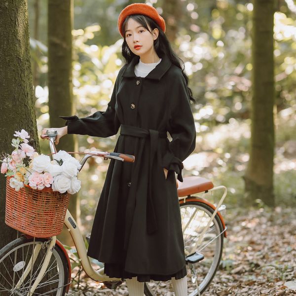 

female 2021 new smooth mode hepburn stylish style in addition to jane feminine exterior set korean edition retro wool belt jacket vlow, Black;brown