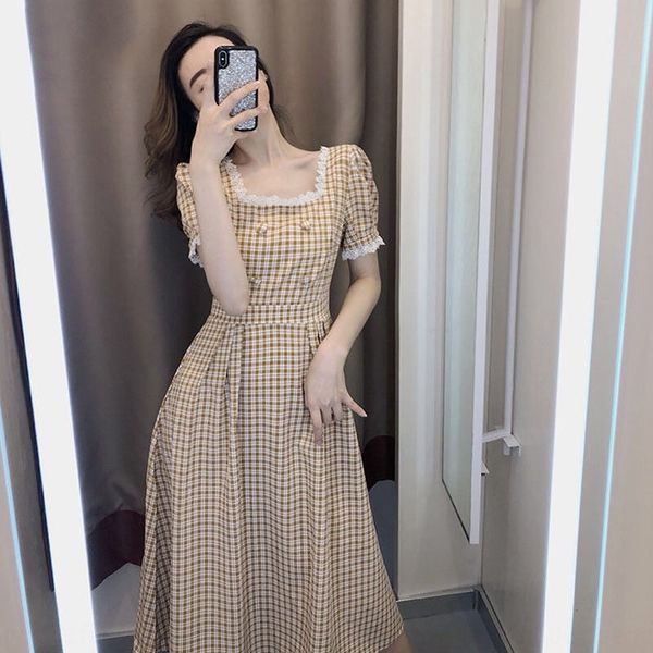 

summer 2020 new large women's dress shows thin french square collar plaid long long skirt mid length skirt dkcc0, Black;gray