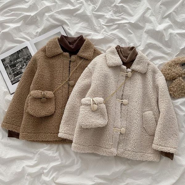 

sweet style lamb faux fur women coats winter new 2021 turn-down collar pocket long-sleeved loose thicken warm female outwear top, Black