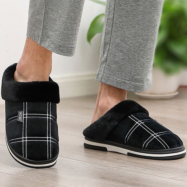

men's slippers home slippers size 50 warm antiskid sturdy sole house shoes for men gingham velvet suede fur slippers t200411, Black