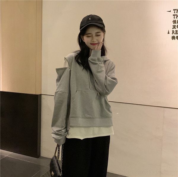 

bljnt are u shop gray hooded sweater thin loose korean sweatercoat sweaterstyle spring and autumn coatshoulder lazy women's zipper o2, Black