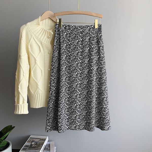 

new 2021 spring high waist floral print vintage a-line fashion boho women chiffon long skirt jupe femme saia reg6, Black