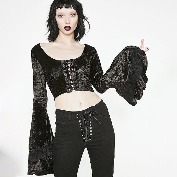 

off shoulder short vintage women velvet female drawstring long flare sleeve blouse casual street lady shirts1, White