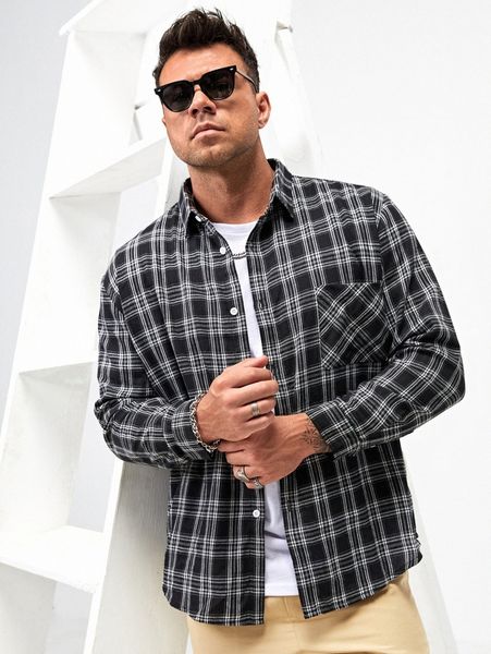 

extended sizes men plaid patched pocket shirt 41km#, White;black