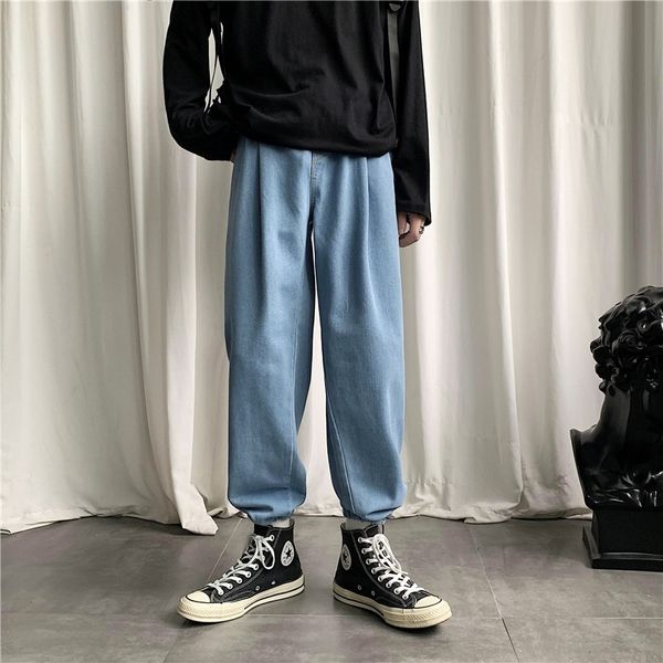 

dbjiv jeans spring fashion drop-like wide-leg nine-point ins and jeanspendant jeans men's korean-style loose teenager straight leg-tied, Blue