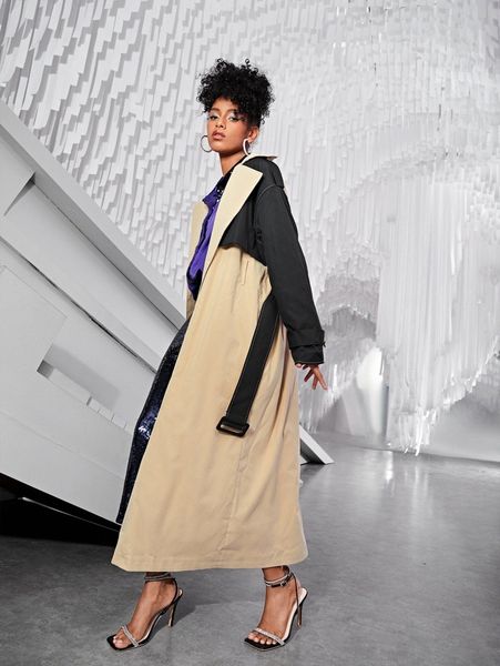 

two tone drop shoulder belted trench coat m3hm#, Tan;black