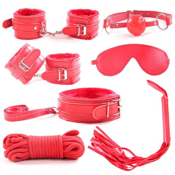 

7pcs/set handcuffs for toy tie up pretend play fantazi male member lady gags & practical joke pink black red purple toy