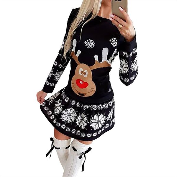 

new 2021 christmas style santa snowman elk printed v neck bow belt high waist a line plus size dress funny xmas, Black;gray