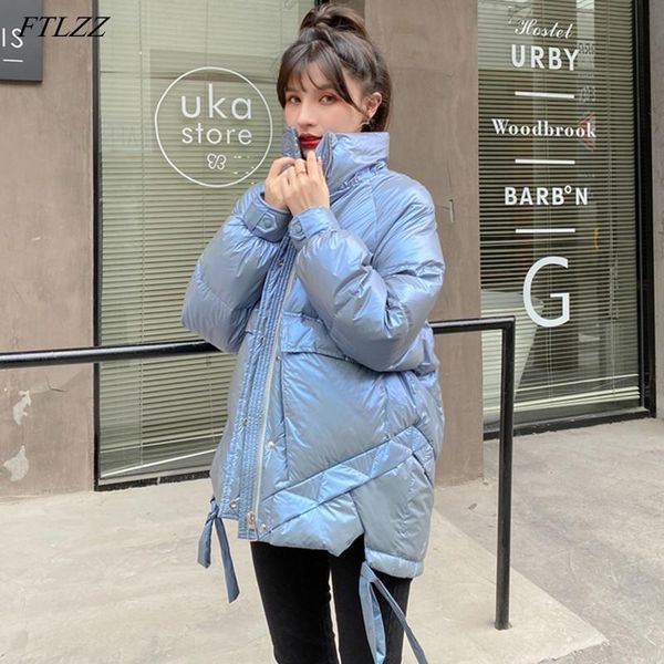 

ftlzz new 2020 winter women stand collar bread loose down coat 90% white duck down short parkas bright color thick warm outwear, Black