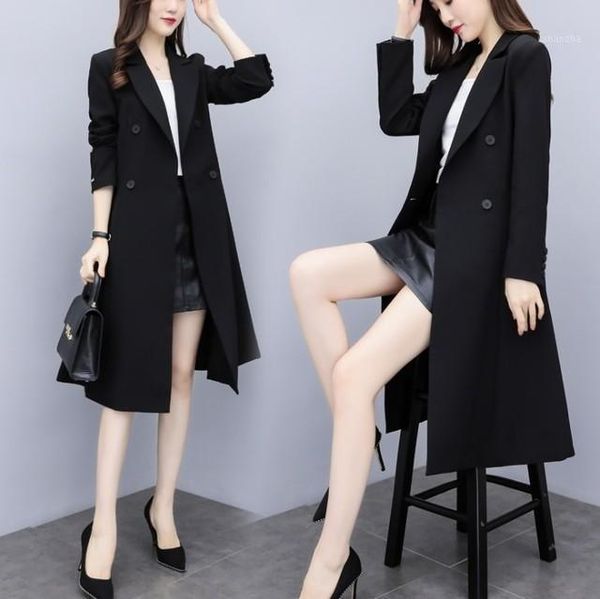 

trenchcoat women spring autumn long-sleeved casual black overcoat long trench coat streetwear double breasted slim windbreaker1, Tan;black