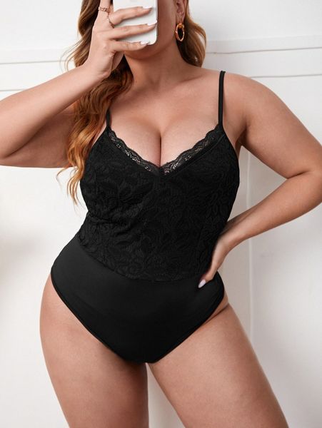 

plus contrast lace cami bodysuit x0s4#, Black