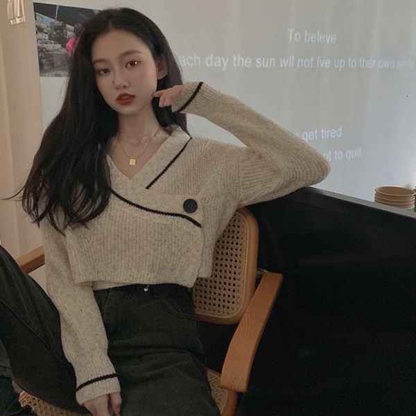 

autumn 2020 new loose one button long sleeve t-shirt short v-neck sweater cardigan coat women's wear