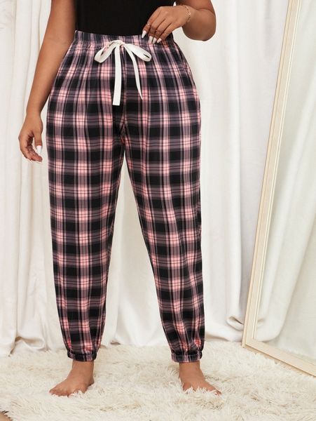 

plus plaid print knot front sleep pants c5wd#, Black;white