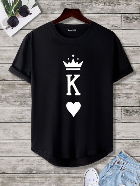 

men crown and playing card print high low hem tee 62f1#, White;black