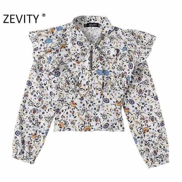 

zevity new women vintage floral print ruffles smock blouse office lady bow collar side zipper shirts chic blusas ls72711, White