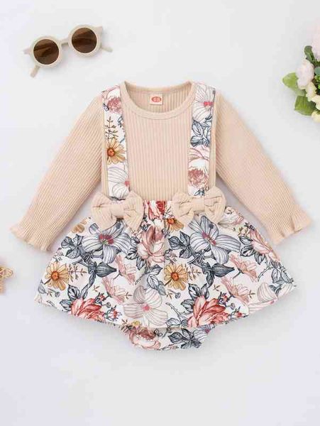 

baby flounce sleeve & floral print suspender skort she, White
