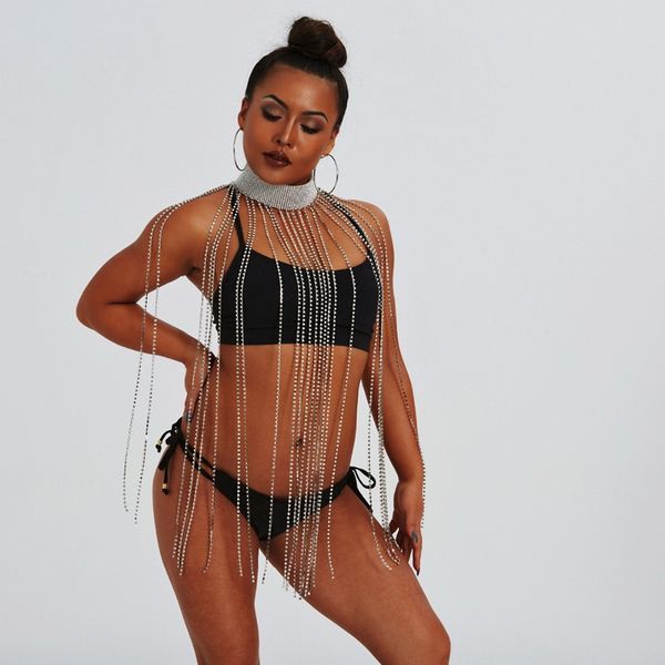 

bikini crystal body chain necklace statement long rhinestone tassel belly chain for women body jewelry, Red;black