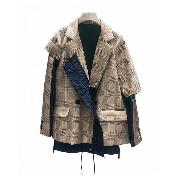 

celebrity women plaid blazers designer autumn new stitching color rufflues hem drawstring windbreaker blazer feminino, White;black