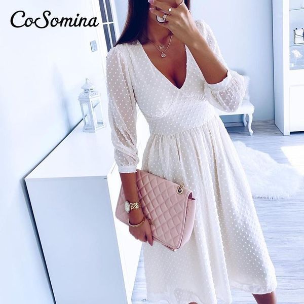 

cosomina v-neck polka dot women dress mid sleeve high waist female prty dress a-line elegant solid laides party vestidos1, White;black