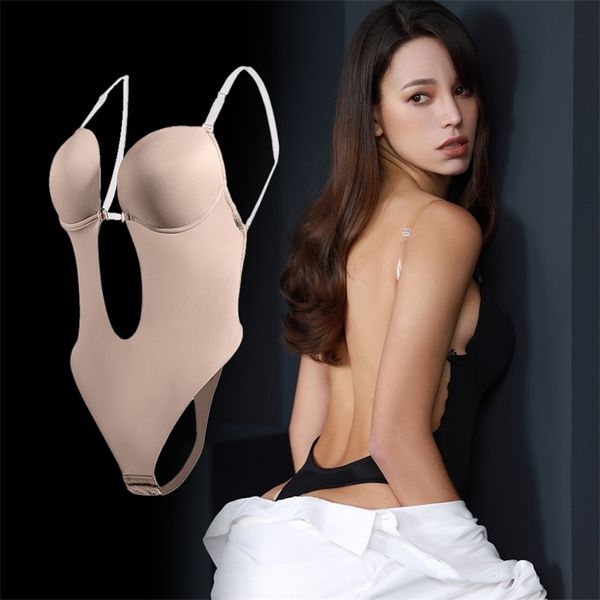 Bodysuit Shapewear Deep V-Ausschnitt Body Shaper Backless u Tauch Tanga Shapers Taille Trainer Frauen Klarband Gepolsterte Push Up Korsett 220125