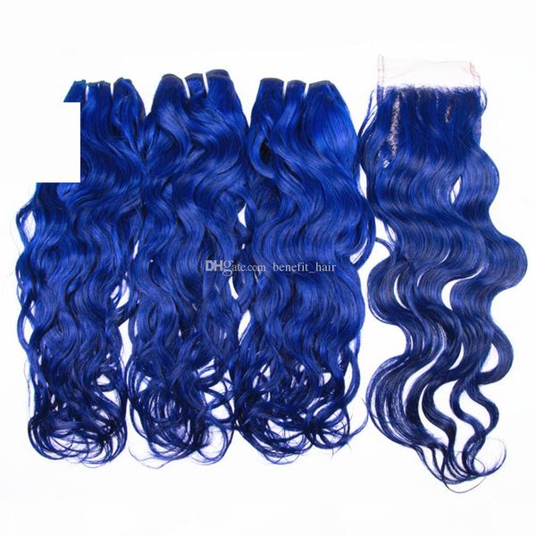 

bright blue colored human hair extensions with closure 4x4 water wave hair 3 bundles with lace closure, Black