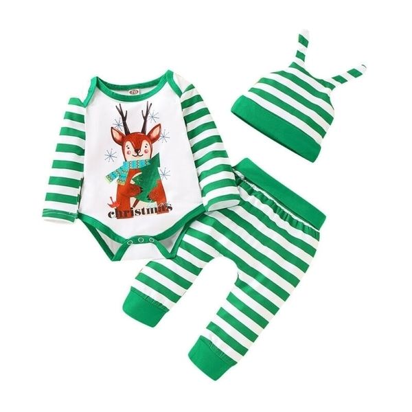 

canis 3pcs autumn newborn infant baby boys long sleeve stripe deer outfit clothes romper +pants+hat set y200323, White