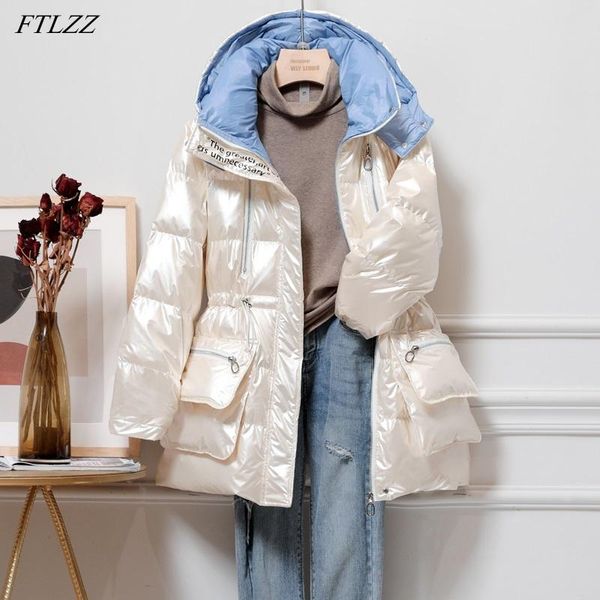 

women's down & parkas ftlzz 2021 hooded winter jacket women warm snow loose coat white duck thick bright skin waist retractable outerwe, Black
