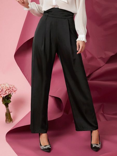 

high waist plicated straight leg pants o6n8#, Black;white