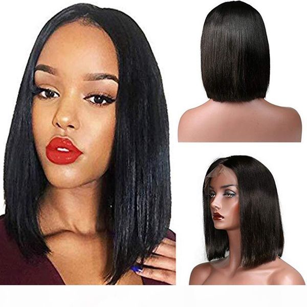 

silky straight human hair wigs for black women 150% density brazilian virgin hair lace front bob wigs with baby hair natural hairline, Black;brown