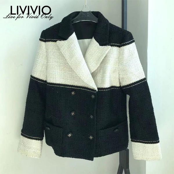 

women's wool & blends [livivio]classic black and white contrast color tweed jacket, ladies western-style all-match woolen suit jacket