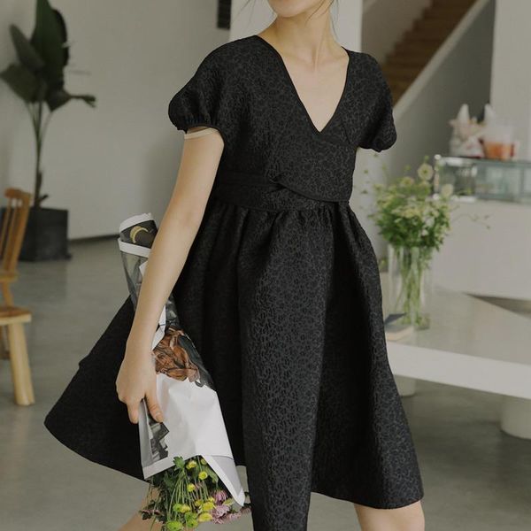 

2020 spring summer new arrivals v-neck short sleeve high waist solid pattern women casual loose knee length dress ay773, Black;gray