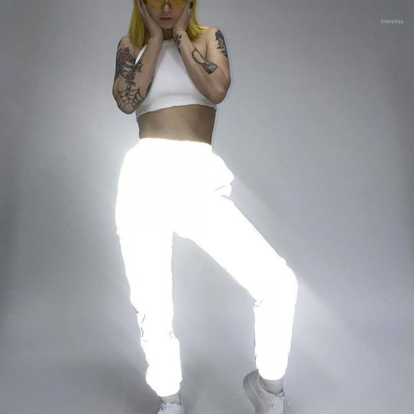 

women new fashion street style high waist solid luminous sports pants loose casual loose noctilucent long trousers1, Black;white
