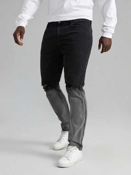 

extended sizes men ripped colorblock straight leg jeans e9iw#, Blue