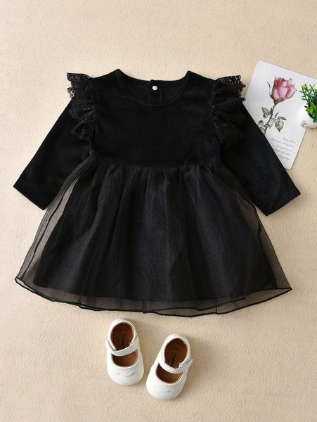 

baby lace ruffle trim mesh overlay velvet dress she, Red;yellow