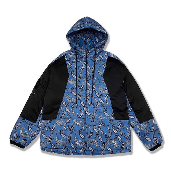 

fashion design men's women's cashew flower printed loose down cotton thickened warm windproof hooded casual contrast color jackets, Black;brown