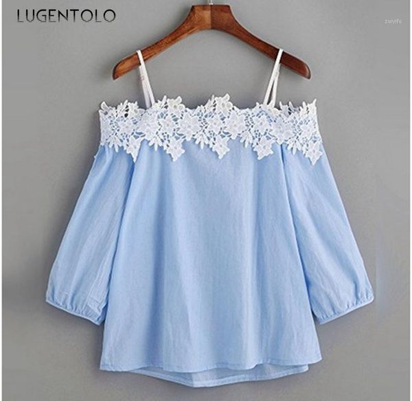 

lugentolo wowen tshirt fashion spring and summer sling long sleeve lace one shoulder similar to casual cute shirt1, White
