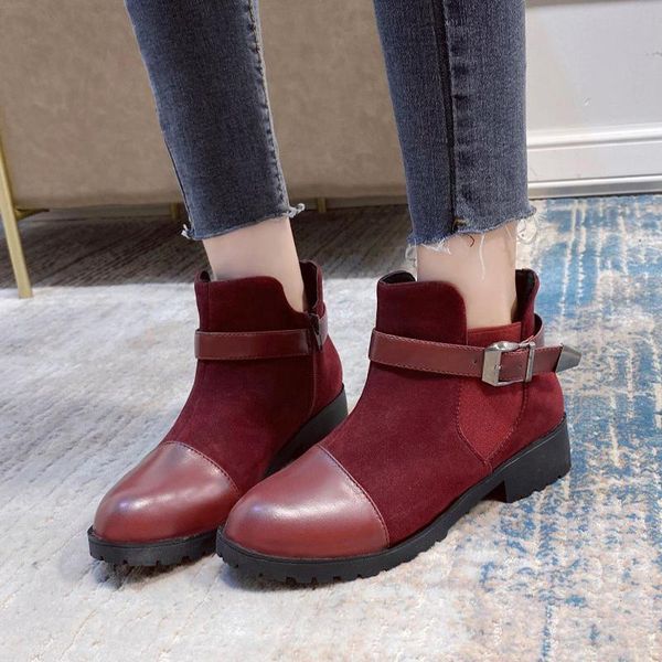 

women's ankle boots women warm shoes female belt buckle low heel boots black flock leather casual antumn winter zipper footwear