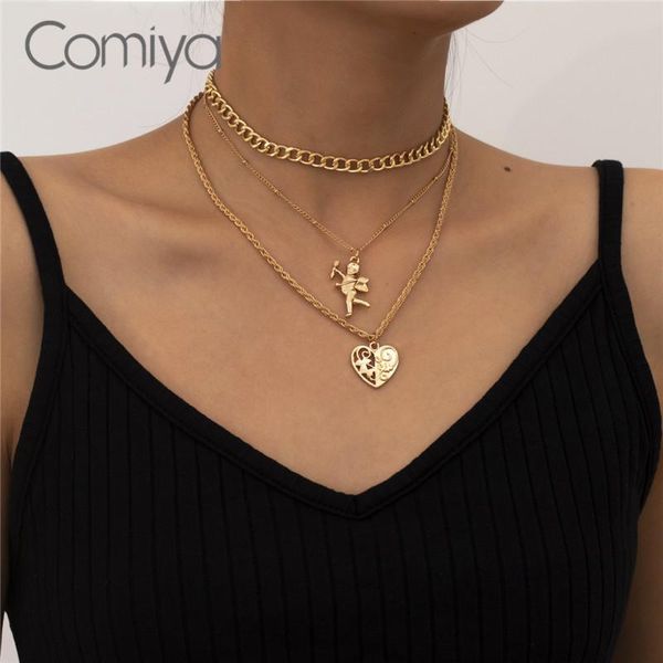 

chains comiya maxi necklaces for women multi layers gold color zinc alloy links hollow out heart shape femme collare necklace, Silver