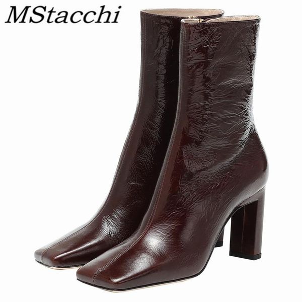 

mstacchi women solid pleated square toe sewing light short boots punk les bottes basses spring zipper genuine leather female zip, Black