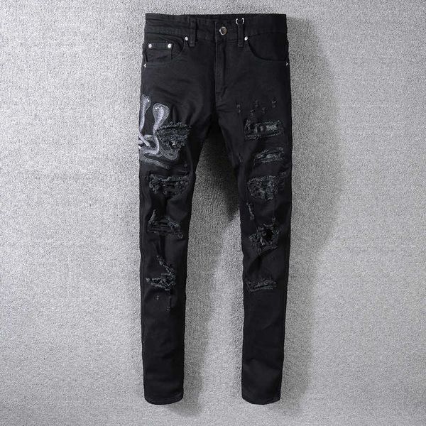 

high street hole fashion men's jeans black micro elastic embroidery patch street hip hop men's pants