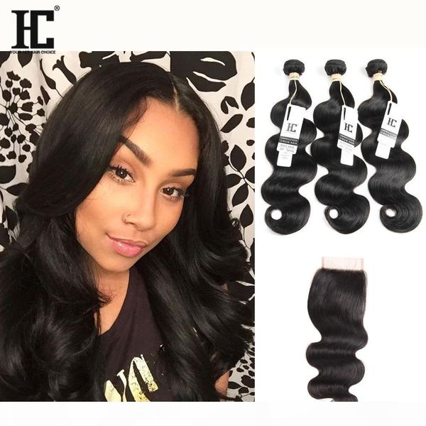 

hc hair brazilian body wave human hair weaves 3 bundles with lace closure unprocessed brazilian malaysian peruvian indian remy human hair, Black;brown