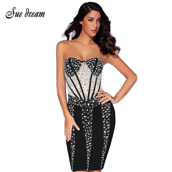 

2020 new chic gorgeous luxury beads embellished strapless wholesale celebrity party mini bandage dress christmas dress, Black;gray
