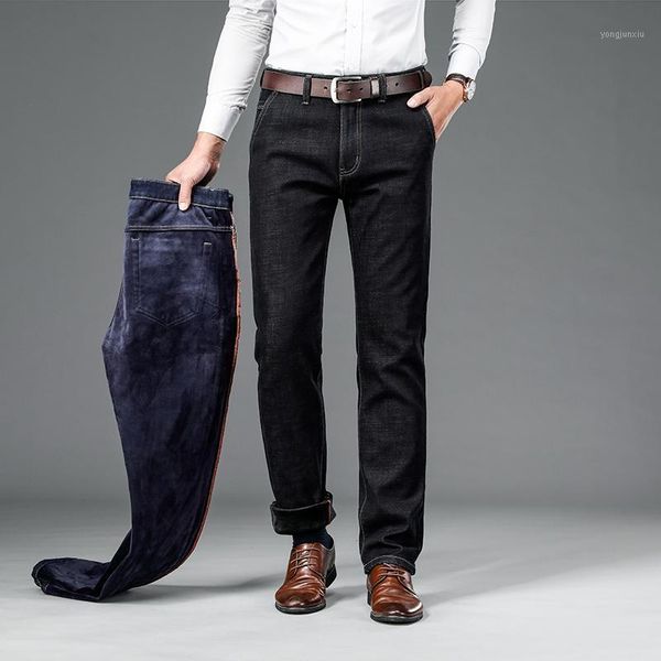 

2021 men's winter stretch and velvet jeans with thickened loose straight tube middle age warm and thickened men's pants fashion1, Blue