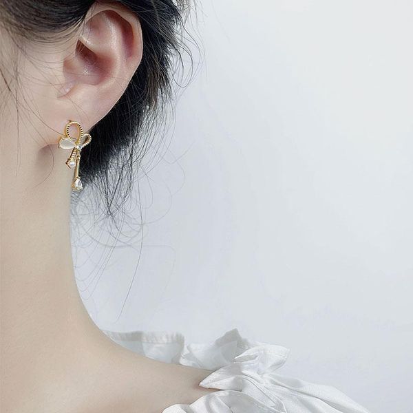 

s925 silver sweet maiden bow earrings with opal zircon earrings, Golden;silver