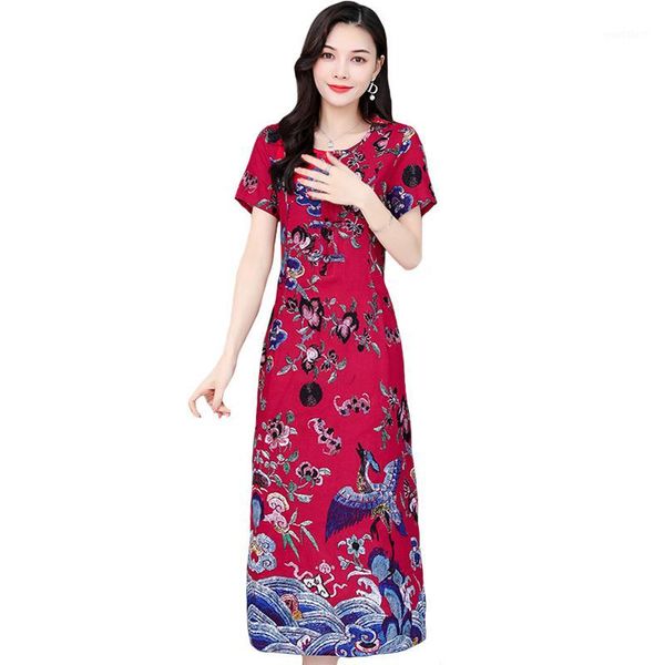 

plus size 6xl summer print cotton linen dress women casual short sleeve women vintage dress elegant sundress long1, Black;gray